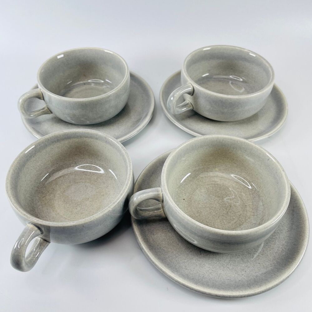 Russel Wright Steubenville American Modern 4 Cups & 3 Saucers Grey MCM Lot VTG